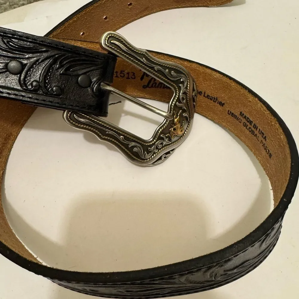 Tony Lama Black Leather Belt with Silver Buckle